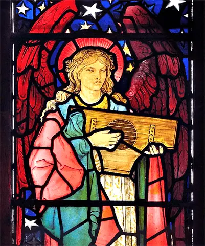 Detail of the East Window, St James Church, Staveley, Cumbria, designed and
                                manufactured by William Morris