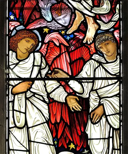 Detail of the East Window, St James Church, Staveley, Cumbria, designed and
                                manufactured by William Morris