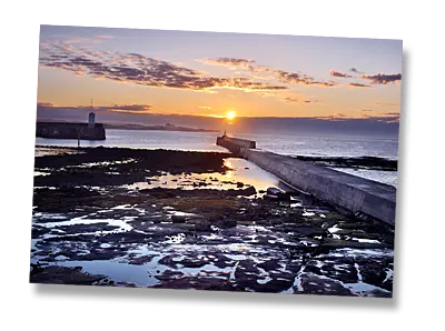Seahouses Harbour at sunset, Northumberland - Click to view or buy this customisable greeting card