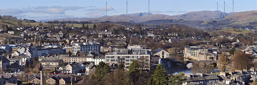 The view from Kendal Castle, a high resolution zoomable panoramic image of the view over the town towards the Lakeland Fells